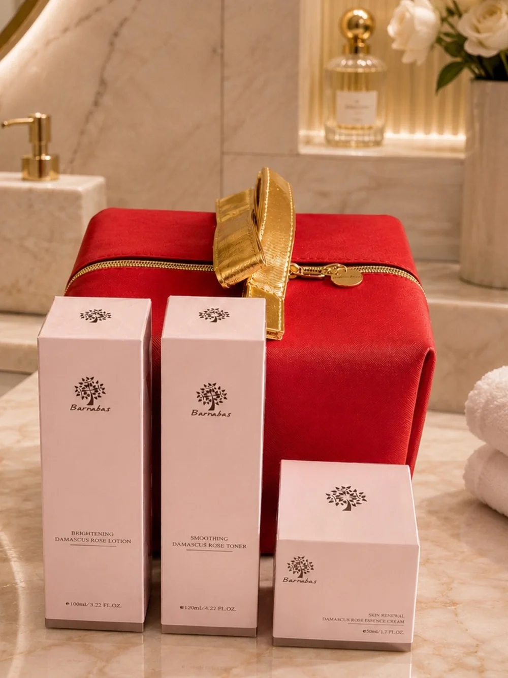 Barnabas Damascus Rose Luxury Skincare 4 Piece Set with Cosmetic Bag